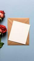 boeket van rozen met blanco kaart. mockup uitnodiging blanco groet kaart en bloemen. ai gegenereerd foto