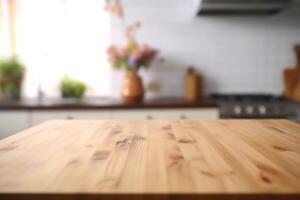 tafel top. houten top tafel in keuken interieur voor Product Scherm. ai gegenereerd foto