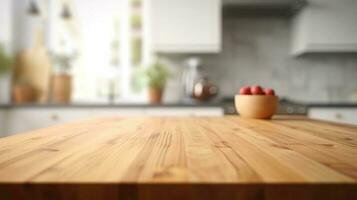 tafel top. houten top tafel in keuken interieur voor Product Scherm. ai gegenereerd foto