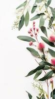 Afdeling met bloemen. bloemen samenstelling eucalyptus bladeren en roze bloemen. ai gegenereerd foto