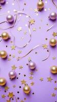 roze en Purper Kerstmis ballen. gouden decoraties en sparkles Aan lavendel achtergrond. ai gegenereerd foto