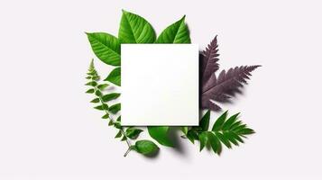 kader met bladeren. creatief lay-out met groen bladeren en blanco kaart. ai gegenereerd foto
