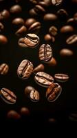 koffie bonen achtergrond geroosterd vallend of vliegend koffie bonen Aan zwart achtergrond. ai gegenereerd foto
