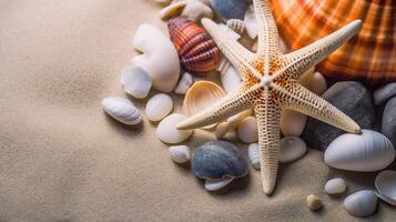 zee schelpen Aan de zand zeester zee stenen en schelpen achtergrond ai gegenereerd foto