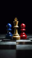 schaak stukken Aan een schaakbord. strijd pion schaken. ai gegenereerd foto
