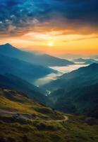 zonsopkomst over- bergen. bergen zonsondergang natuur achtergrond. ai gegenereerd foto