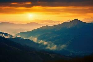 zonsopkomst over- bergen. bergen zonsondergang natuur achtergrond. ai gegenereerd foto