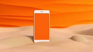 blanco scherm slim telefoon Aan zand zomer strand vakantie. ai gegenereerd foto