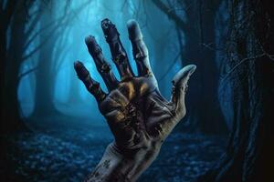 zombie hand. halloween achtergrond met zombie hand. ai gegenereerd foto