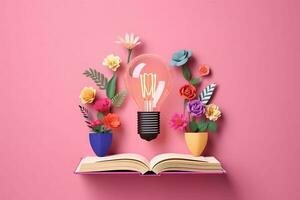 generatief ai illustratie van papier besnoeiing licht lamp drijvend van Open boek milieu kleurrijk bloemen, roze pastel achtergrond foto