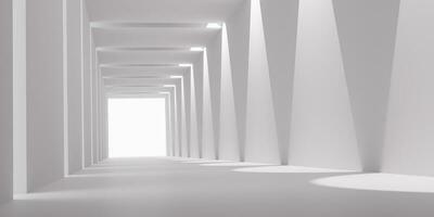 leeg lang licht hal. modern wit achtergrond. futuristische sci-fi plein tunnel. 3d renderen foto