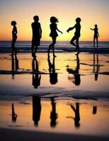 silhouetten van vrienden genieten van strand activiteiten samen foto