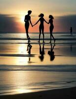 silhouetten van vrienden genieten van strand activiteiten samen foto