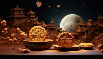 generatief ai illustratie van Chinese midden herfst festival maan cakes geregeld Aan een traditioneel Chinese porselein bord, reeks Aan een rustiek houten tafel foto