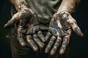 generatief ai illustratie van vuil handen van arbeiders, boeren. concept moeilijk werk. foto
