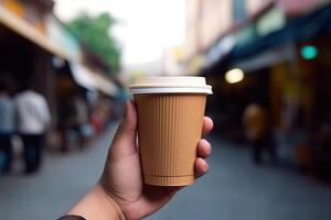 generatief ai illustratie van papier koffie kop in een hand- met geïsoleerd wazig achtergrond foto