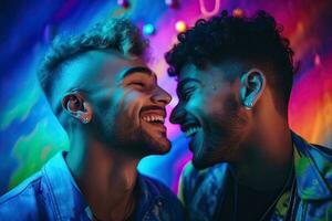 generatief ai illustratie van glimlachen paar homo, lgbt concept, positief en blij. neon club kleur achtergrond foto