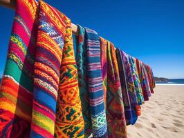 strand genot - een levendig handdoek rangschikking - ai gegenereerd foto