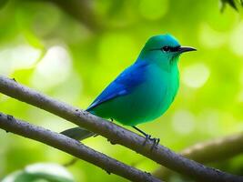 selectief focus schot van een mooi groen honingkruiper vogel neergestreken Aan een Afdeling ai gegenereerd foto