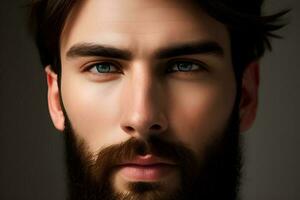 portret van een Mens met blauw ogen, studio licht, detailopname. ai generatief. foto