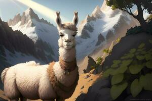 een lama met een waardigheid, portret, bergen in de achtergrond en struiken. ai generatief. foto