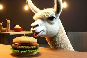 lama aan het eten een hamburger, Aan de tafel, zacht verlichting. ai generatief. foto