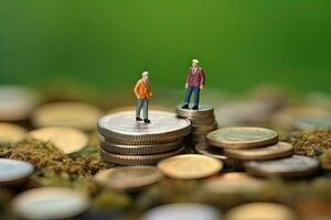 generatief ai illustratie van miniatuur figuren mensen staan Aan munten. ouderen mensen en hun besparingen, pensioen foto