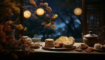 generatief ai illustratie van Chinese midden herfst festival maan cakes geregeld Aan een traditioneel Chinese porselein bord, reeks Aan een rustiek houten tafel foto