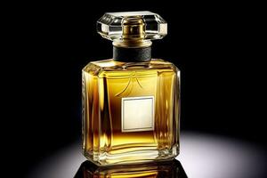 generatief ai illustratie van een parfum fles, uitdrukken zoet romantiek, tonen de smaak van adel, klas, luxe met geel en zwart kleuren foto