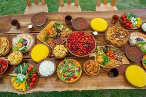 eigengemaakt Roemeense voedsel met gegrild vlees, polenta en groenten schotel Aan camping. romantisch traditioneel Moldavisch voedsel buiten Aan de hout tafel. foto