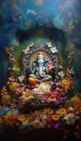 generatief ai illustratie van ganesha Hindoe god, met bloemen, olie schilderij genomen omhoog in de hemel, zittend in voorkant van bokeh mandala achtergrond foto