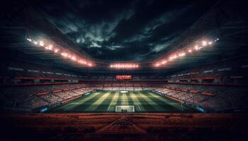 generatief ai illustratie van een adembenemend visie van binnen de stadion, presentatie van de levendig lichten en dynamisch energie van een spel in vooruitgang foto