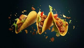 generatief ai illustratie van vliegend taco's voor voedsel reclame, blanco achtergrond foto