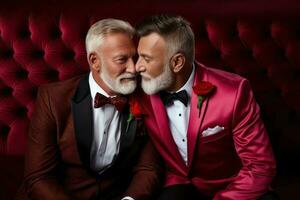 generatief ai illustratie van een getrouwd, ouderen homo mannetje paar omhelzing elk andere in een tonen van liefde en genegenheid foto