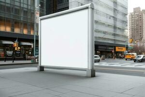 generatief ai illustratie van blanco aanplakbord Aan trottoir van stad mockup voor uw reclame foto