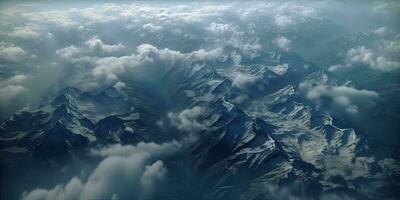 generatief ai illustratie van visie van lucht, sneeuw bergen van donker leeftijd, regenen, mist, dramatisch en verbijsterend landschap, dramatisch lineair lekkernij foto