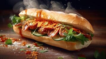 generatief ai illustratie van Vietnamees stokbrood, banh mi, explosie effect. straat voedsel in Vietnam foto