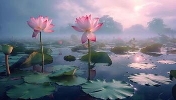 generatief ai illustratie van lotus bloem in vijver, schoon achtergrond kleur, nevelig, illusoir foto