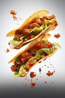 generatief ai illustratie van vliegend taco's voor voedsel reclame, blanco achtergrond foto