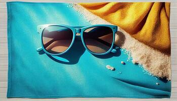 generatief ai illustratie van strand zand en kleurrijk handdoek Aan blauw houten achtergrond. zomer vakantie spandoek. zonnebril in centrum. top visie, zonlicht foto