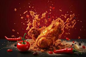 generatief ai illustratie van rood Chili peper spatten met gebakken kip Aan solide kleur achtergrond foto
