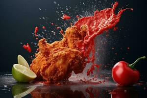 generatief ai illustratie van rood Chili peper spatten met gebakken kip Aan solide kleur achtergrond foto