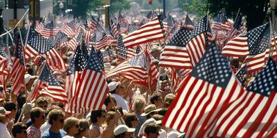 generatief ai illustratie van menigte met Amerikaans vlaggen Aan vierde van juli foto