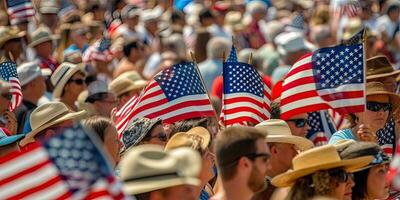 generatief ai illustratie van menigte met Amerikaans vlaggen Aan vierde van juli foto