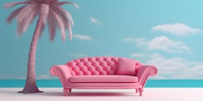 roze sofa met kussen tegen blauw lucht met palm boom. plaats naar kom tot rust De volgende naar de water. ai gegenereerd foto