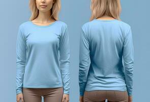 vrouw vervelend een blauw t-shirt met lang mouwen. voorkant en terug visie. ai gegenereerd foto