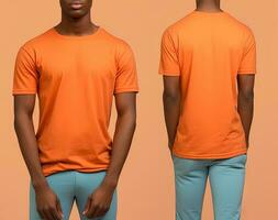 foto realistisch mannetje oranje t-shirts met kopiëren ruimte, voorkant, en terug visie. ai gegenereerd
