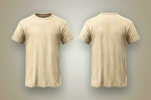 beige mannetje t-shirt realistisch mockup reeks van voorkant en terug visie, blanco textiel afdrukken ontwerp sjabloon voor mode kleding. ai gegenereerd foto