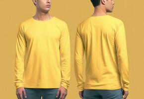 Mens vervelend een geel t-shirt met lang mouwen. voorkant en terug visie. ai gegenereerd foto