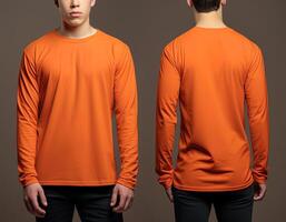 Mens vervelend een oranje t-shirt met lang mouwen. voorkant en terug visie. ai gegenereerd foto